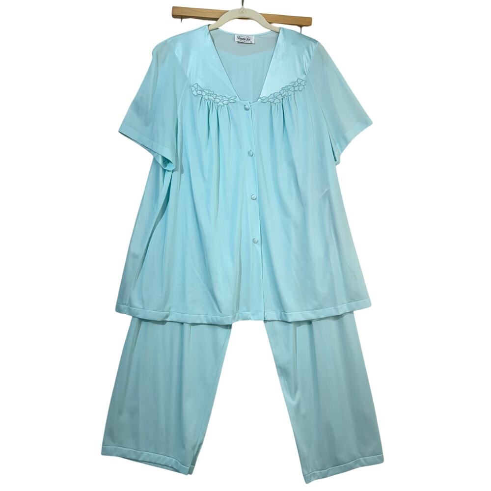 Vanity Fair Azure Mist Blue Silky Satin Nylon PJ Pajama Set Size X-Large XL VTG